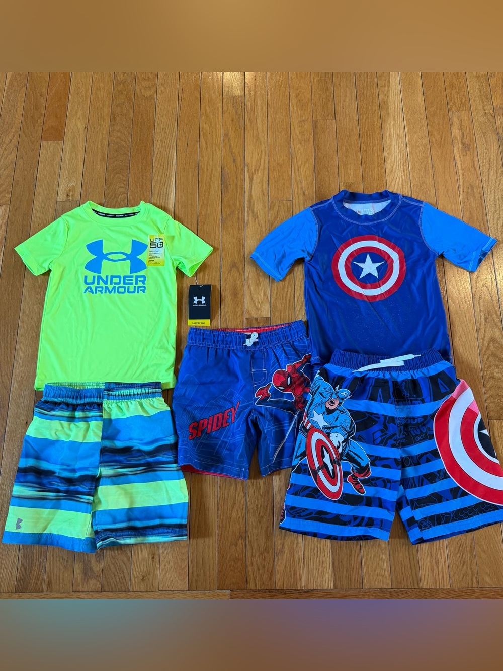 5 Piece Under Armour Neon Green Logo Rashguard Superhero Swim Trunks Set Sz 5/6